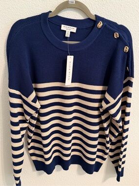 Rio & Rian Navy and Cream Striped Button-Shoulder Sweater